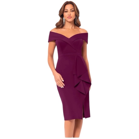 XSCAPE Tisha Knee Length Scuba Off The Shoulder Ruffle Dress Size 4 In Blue - Picture 1 of 14